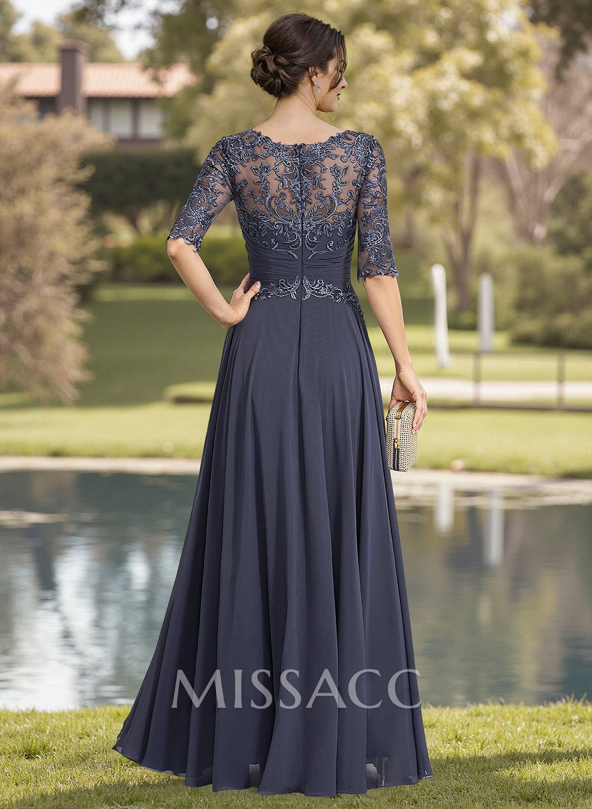 A-Line Illusion Neck Chiffon Mother Of The Bride Dresses With Appliques Lace