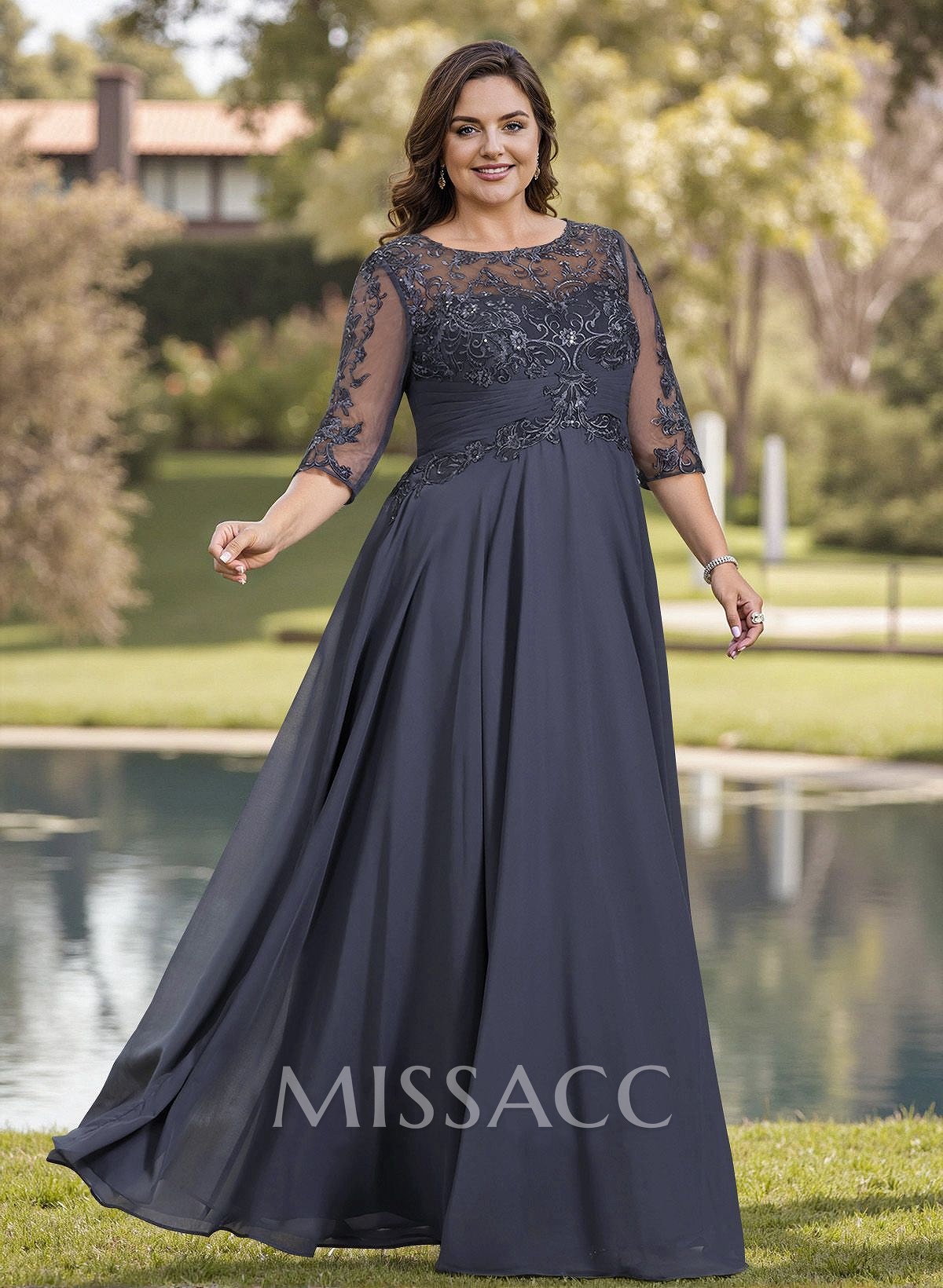 A-Line Illusion Neck Chiffon Mother Of The Bride Dresses With Appliques Lace