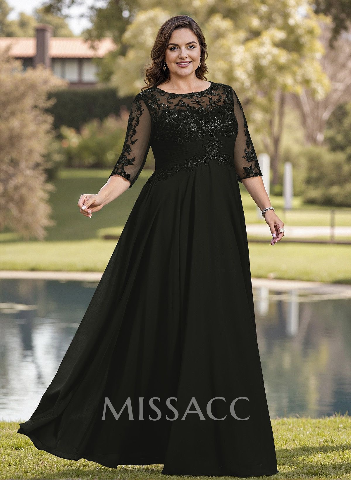 A-Line Illusion Neck Chiffon Mother Of The Bride Dresses With Appliques Lace
