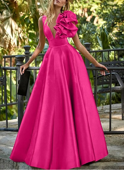 A-Line V-Neck Satin Mother Of The Bride Dresses With Cascading Ruffles