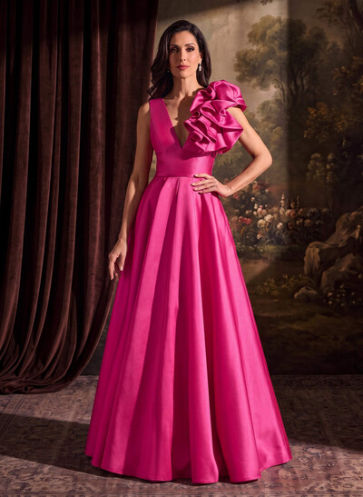 A-Line V-Neck Satin Mother Of The Bride Dresses With Cascading Ruffles