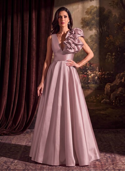 A-Line V-Neck Sleeveless Floor-Length Satin Mother Of The Bride Dresses With Cascading Ruffles