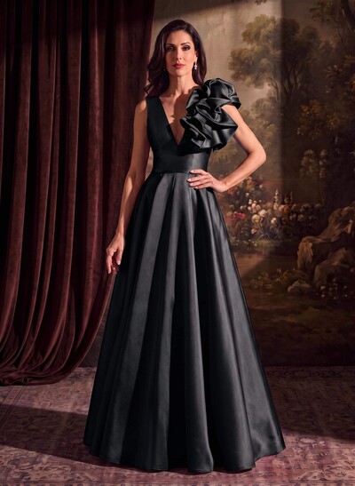 A-Line V-Neck Sleeveless Floor-Length Satin Mother Of The Bride Dresses With Cascading Ruffles