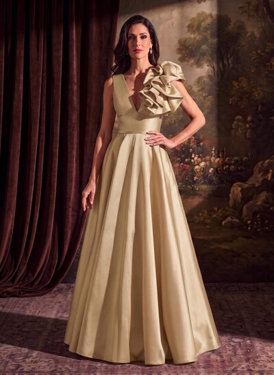 A-Line V-Neck Sleeveless Floor-Length Satin Mother Of The Bride Dresses With Cascading Ruffles