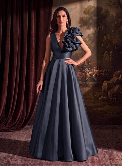 A-Line V-Neck Sleeveless Floor-Length Satin Mother Of The Bride Dresses With Cascading Ruffles