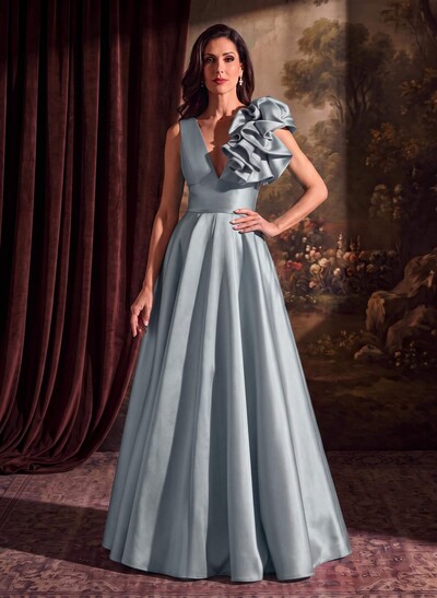 A-Line V-Neck Sleeveless Floor-Length Satin Mother Of The Bride Dresses With Cascading Ruffles
