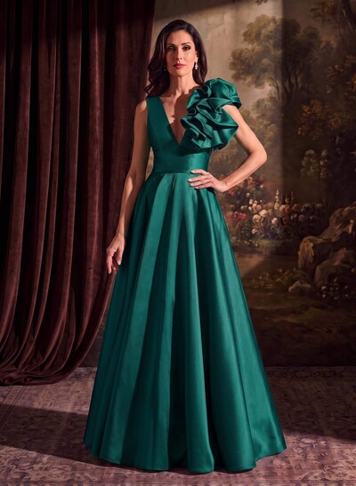 A-Line V-Neck Sleeveless Floor-Length Satin Mother Of The Bride Dresses With Cascading Ruffles