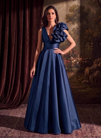 A-Line V-Neck Sleeveless Floor-Length Satin Mother Of The Bride Dresses With Cascading Ruffles