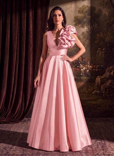 A-Line V-Neck Sleeveless Floor-Length Satin Mother Of The Bride Dresses With Cascading Ruffles