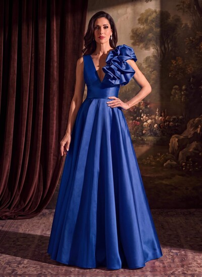 A-Line V-Neck Sleeveless Floor-Length Satin Mother Of The Bride Dresses With Cascading Frills
