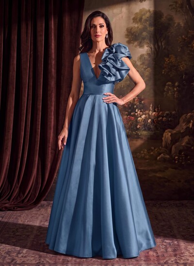 A-Line V-Neck Sleeveless Floor-Length Satin Mother Of The Bride Dresses With Cascading Frills