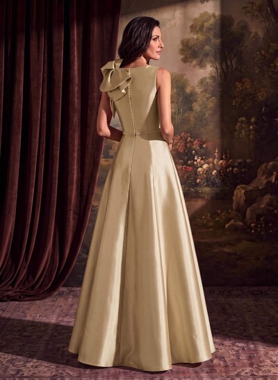 A-Line V-Neck Sleeveless Floor-Length Satin Mother Of The Bride Dresses With Cascading Ruffles