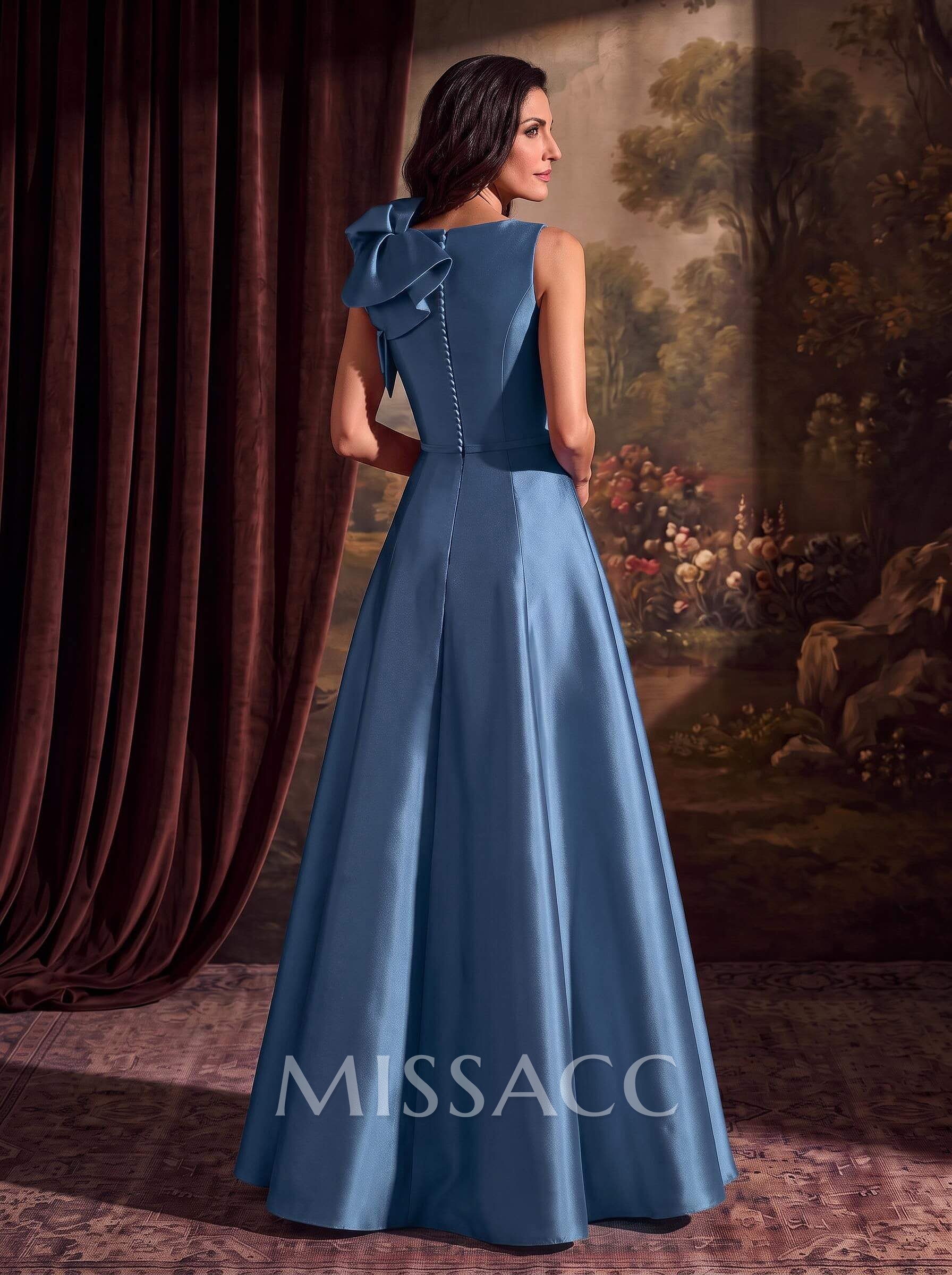A-Line V-Neck Sleeveless Floor-Length Satin Mother Of The Bride Dresses With Cascading Ruffles