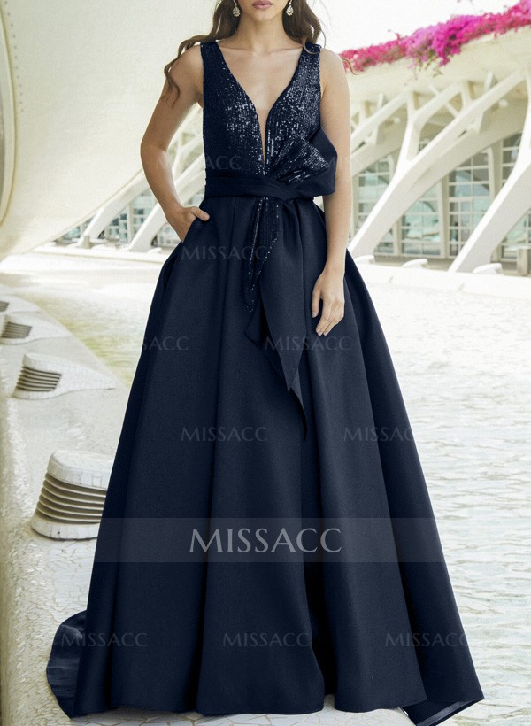 A-Line V-Neck Sleeveless Satin/Sequined Mother Of The Bride Dresses With Sequins