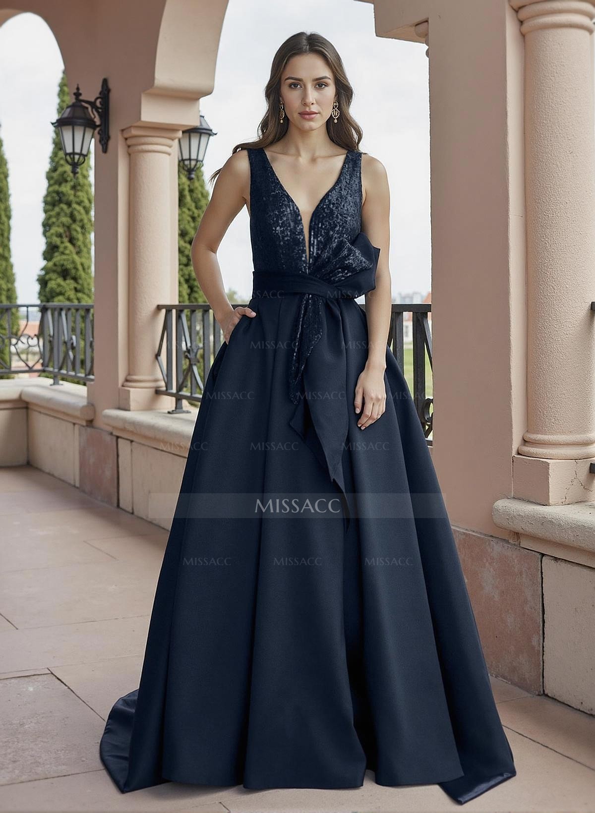 A-Line V-Neck Sleeveless Satin/Sequined Mother Of The Bride Dresses With Sequins