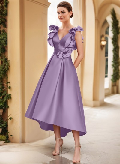 A-Line V-Neck Sleeveless Satin Mother Of The Bride Dresses With Flower(s)