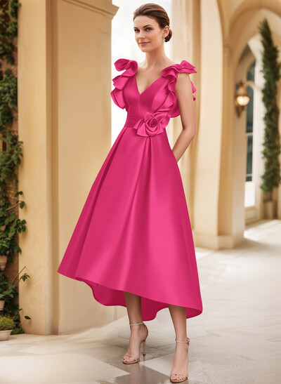 A-Line V-Neck Sleeveless Satin Mother Of The Bride Dresses With Flower(s)
