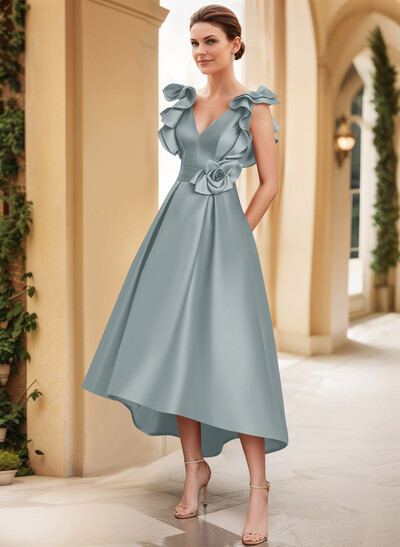 A-Line V-Neck Sleeveless Satin Mother Of The Bride Dresses With Flower(s)