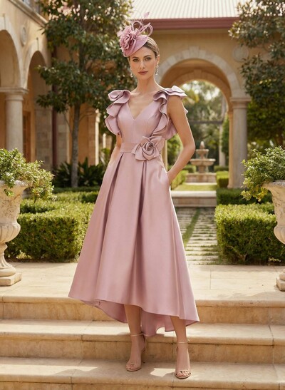 A-Line V-Neck Sleeveless Satin Mother Of The Bride Dresses With Flower(s)