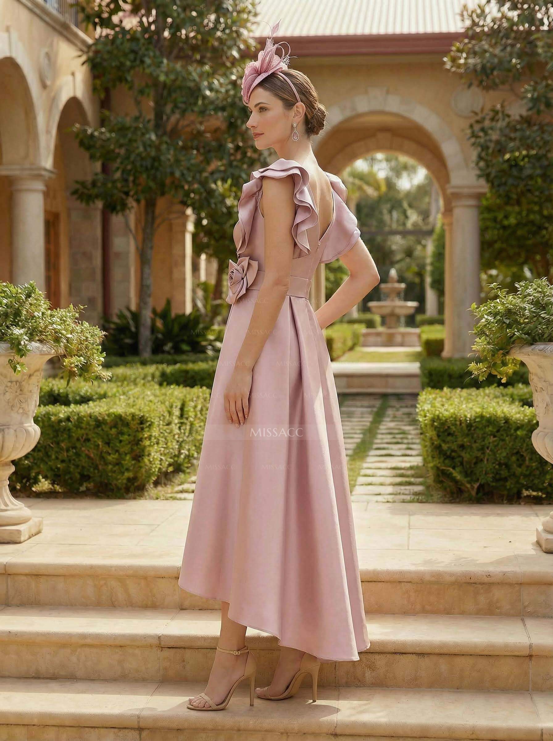 A-Line V-Neck Sleeveless Satin Mother Of The Bride Dresses With Flower(s)