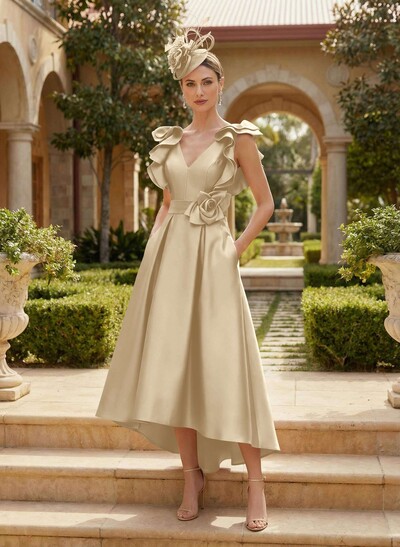 A-Line V-Neck Sleeveless Satin Mother Of The Bride Dresses With Flower(s)