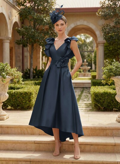 A-Line V-Neck Sleeveless Satin Mother Of The Bride Dresses With Flower(s)