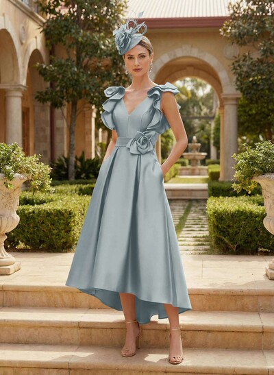 A-Line V-Neck Sleeveless Satin Mother Of The Bride Dresses With Flower(s)