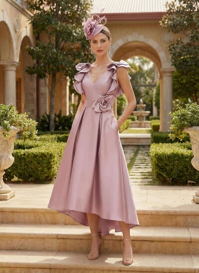 A-Line V-Neck Sleeveless Satin Mother Of The Bride Dresses With Flower(s)