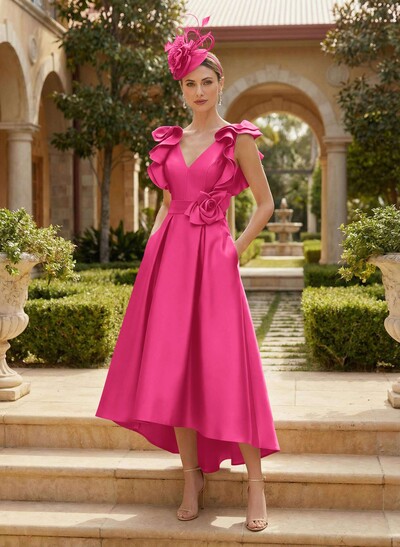 A-Line V-Neck Sleeveless Satin Mother Of The Bride Dresses With Flower(s)