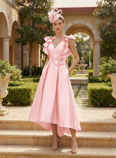 A-Line V-Neck Sleeveless Satin Mother Of The Bride Dresses With Flower(s)