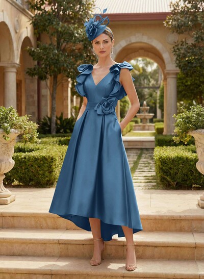 A-Line V-Neck Sleeveless Satin Mother Of The Bride Dresses With Flower(s)