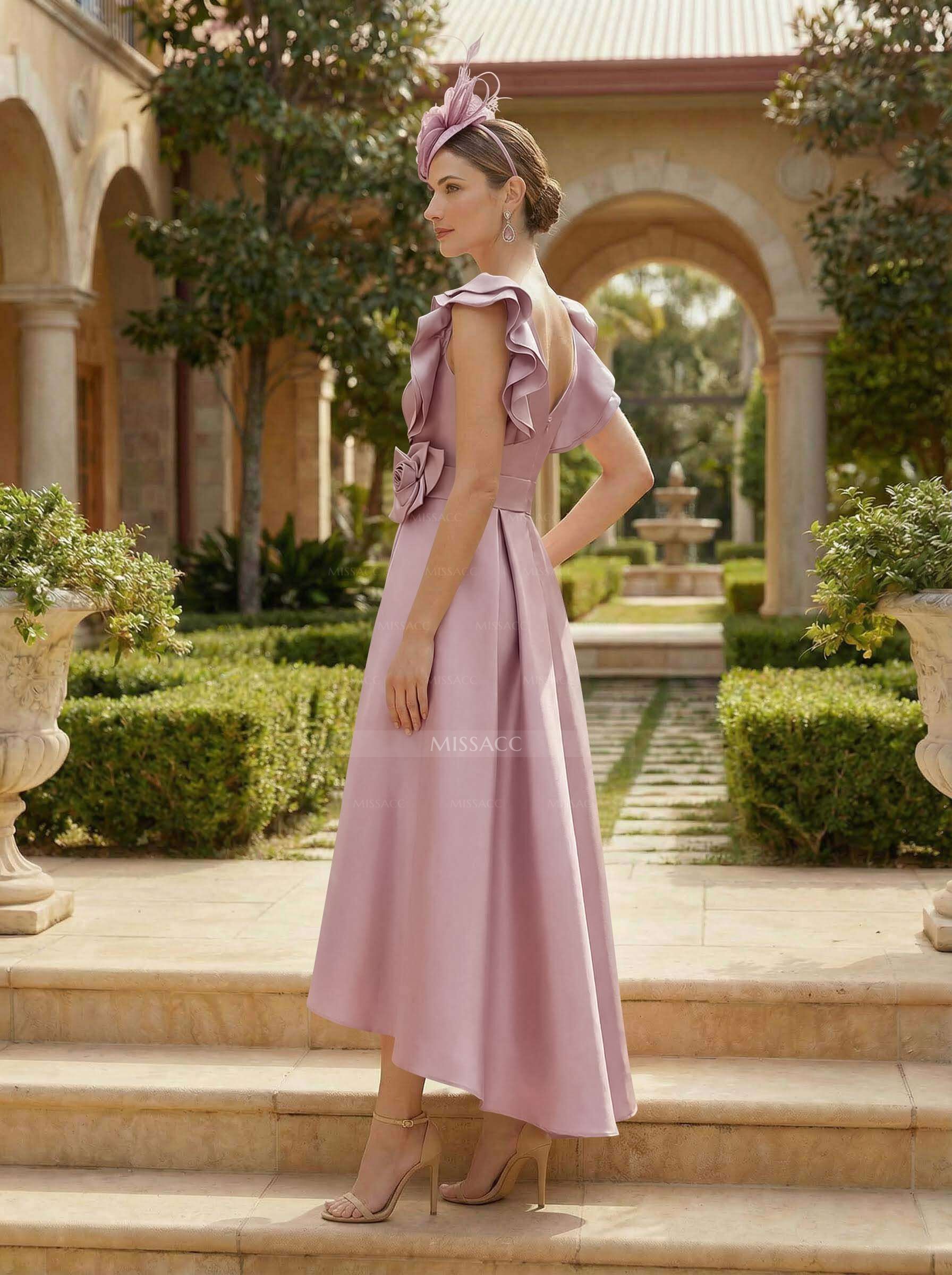 A-Line V-Neck Sleeveless Satin Mother Of The Bride Dresses With Flower(s)
