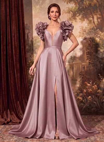 A-Line Satin Mother Of The Bride Dresses With Cascading Ruffles