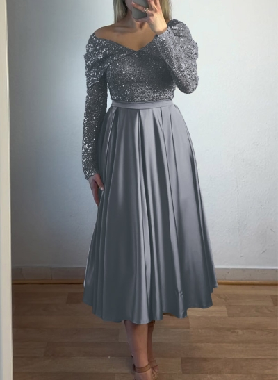 A-Line Off-The-Shoulder Silk Like Satin/Sequined Mother Of The Bride Dresses