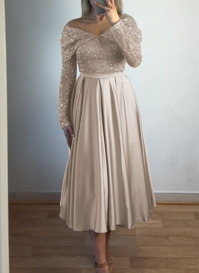 A-Line Off-The-Shoulder Silk Like Satin/Sequined Mother Of The Bride Dresses