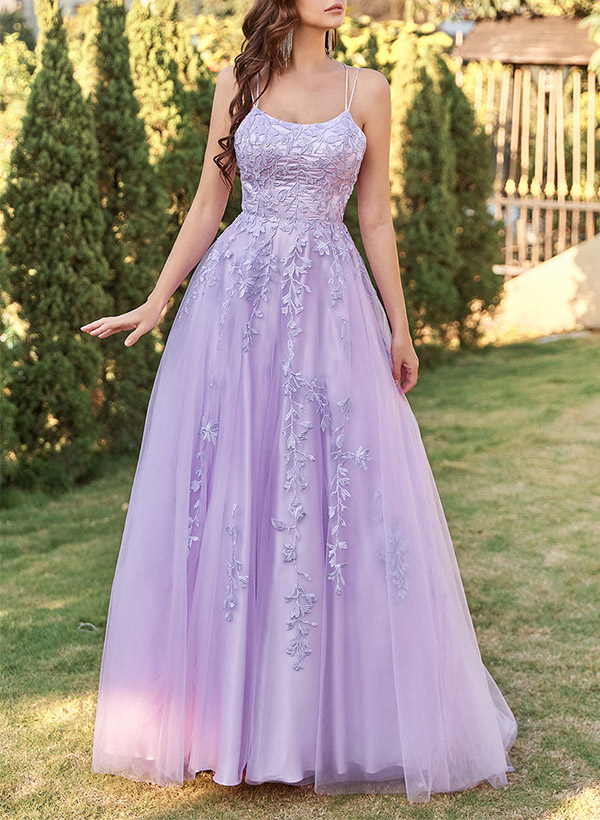 A-Line Scoop Neck Sleeveless Sweep Train Lace/Tulle Prom Dresses