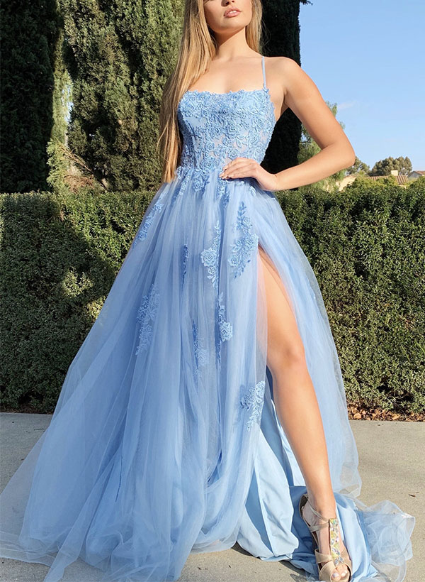 A-Line Square Neckline Sleeveless Lace/Tulle Prom Dresses With Split Front