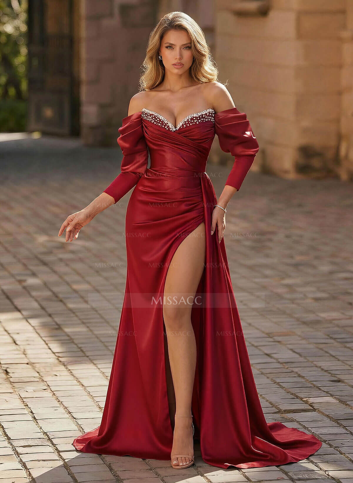 Trumpet/Mermaid Off-The-Shoulder Satin Prom Dresses With Split Front/Beading