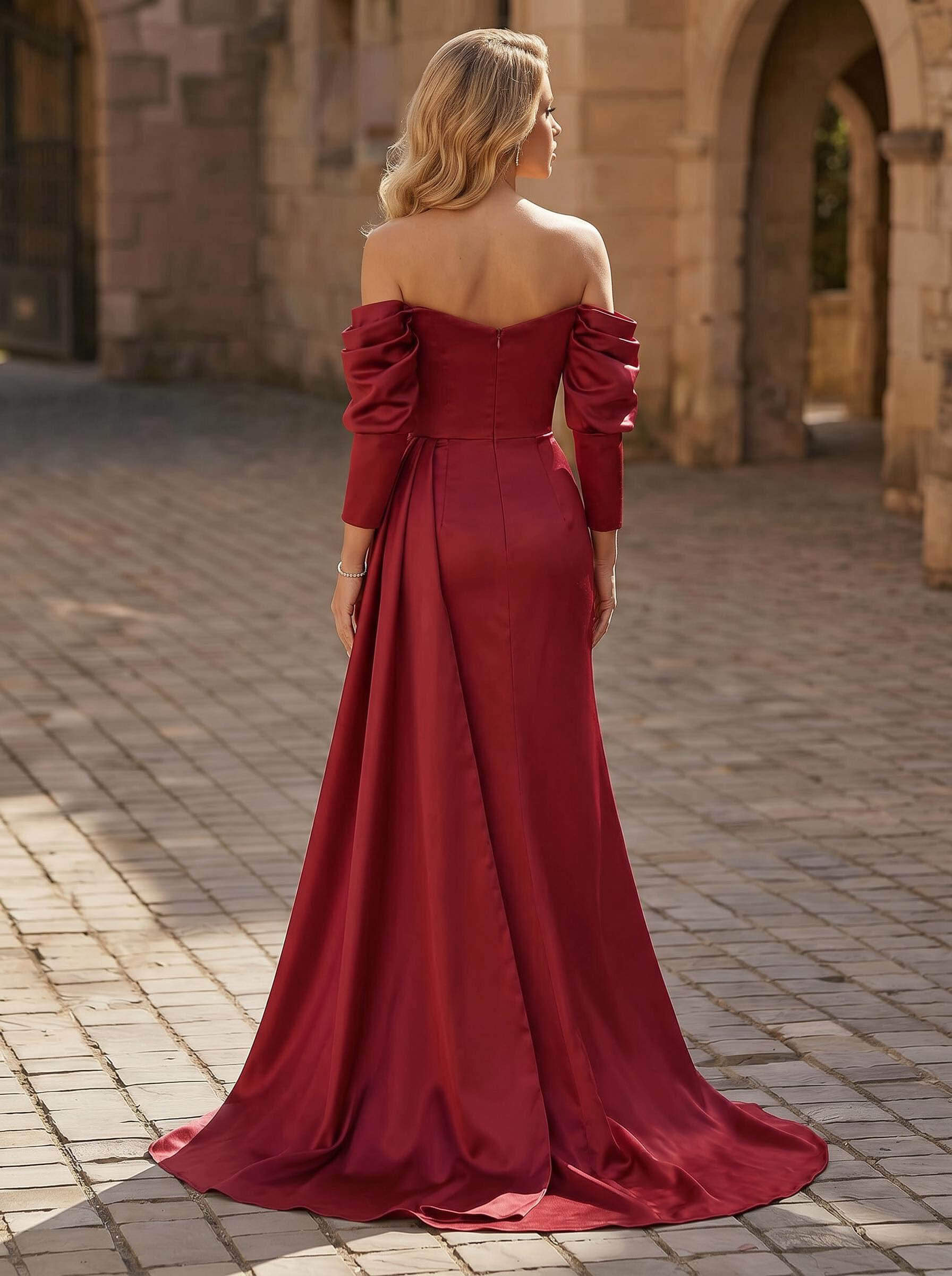 Trumpet/Mermaid Off-The-Shoulder Satin Prom Dresses With Split Front/Beading Trumpet/Mermaid Off-The-Shoulder Satin Prom Dresses With Split Front/Beading