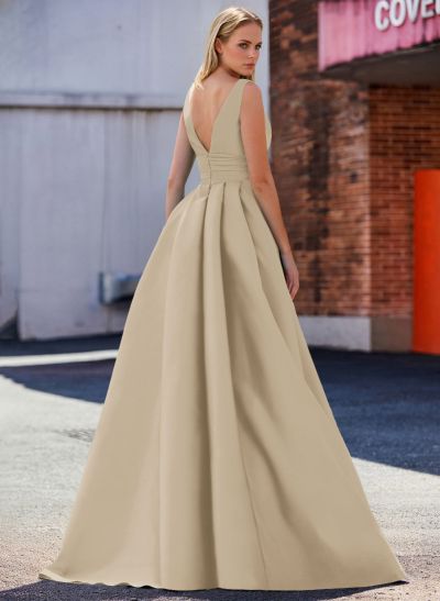 A-Line V-Neck Sleeveless Sweep Train Satin Prom Dresses