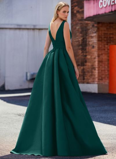V-Neck Sleeveless Sweep Train Satin Prom Dresses