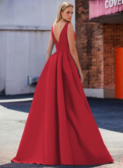 A-Line V-Neck Sleeveless Sweep Train Satin Prom Dresses