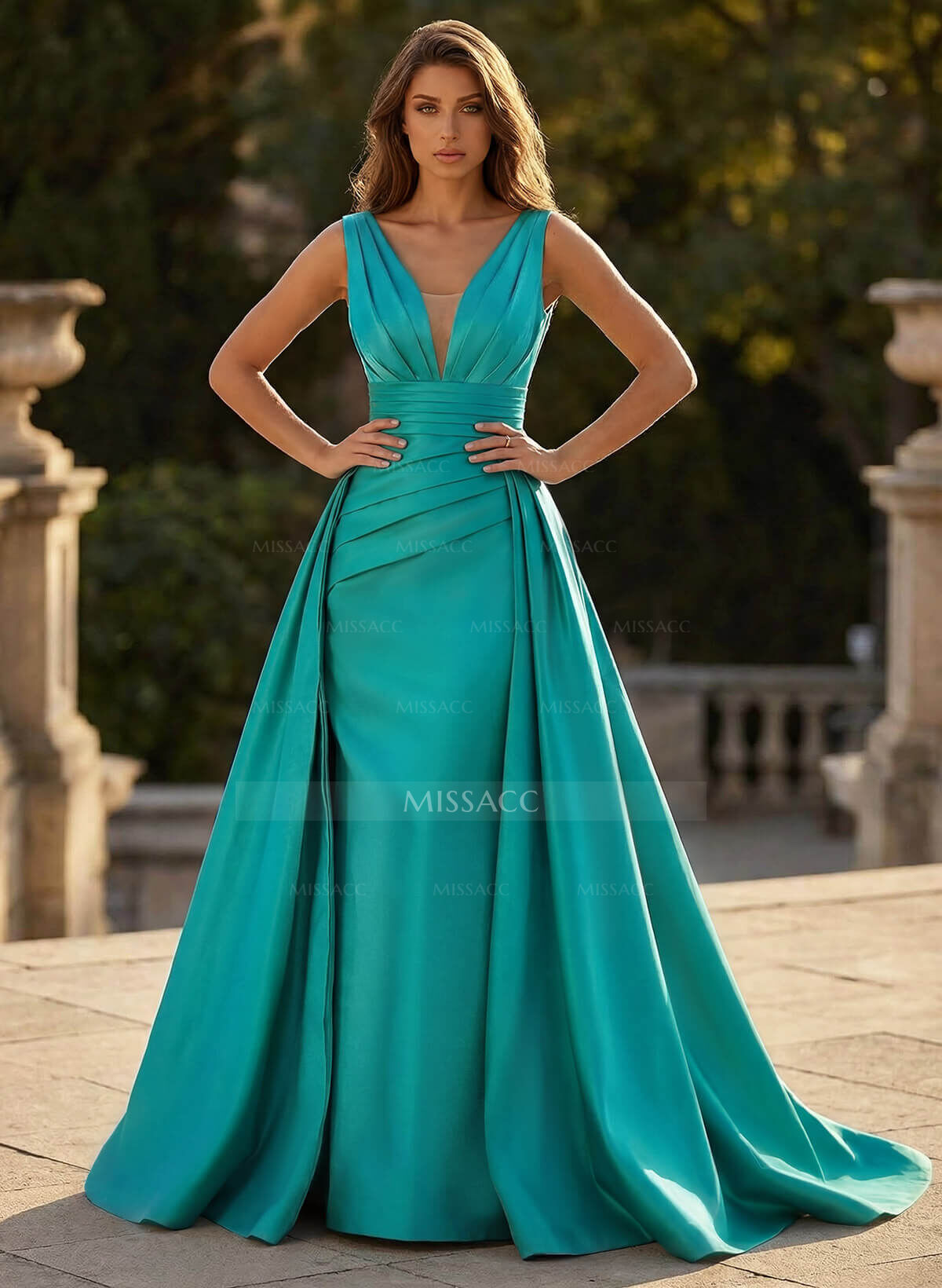 V-Neck Sleeveless Sweep Train Satin Prom Dresses