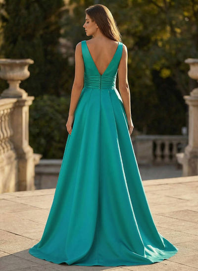 V-Neck Sleeveless Sweep Train Satin Prom Dresses