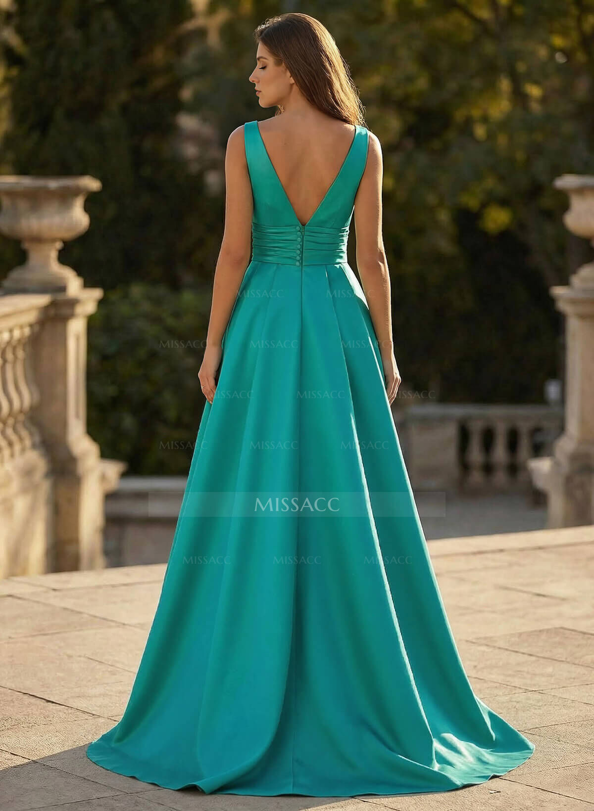 V-Neck Sleeveless Sweep Train Satin Prom Dresses