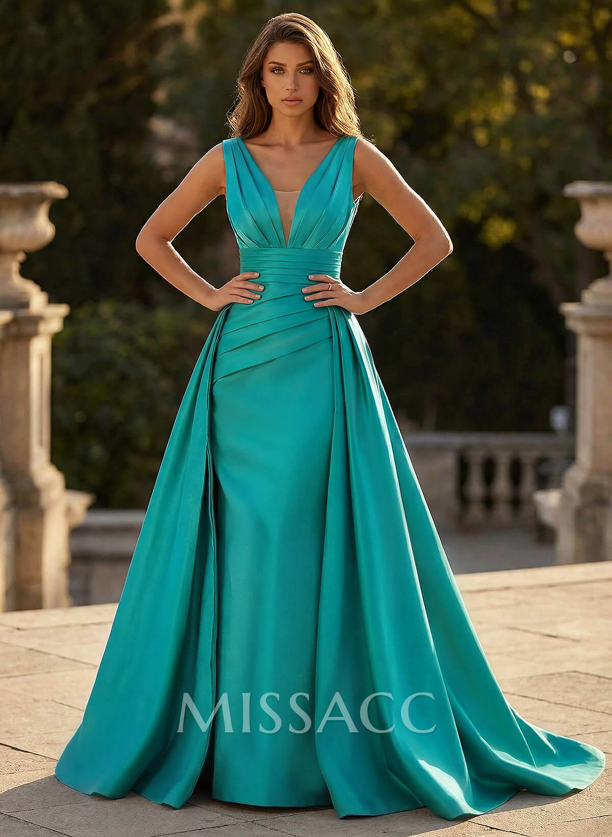 V-Neck Sleeveless Sweep Train Satin Prom Dresses V-Neck Sleeveless Sweep Train Satin Prom Dresses