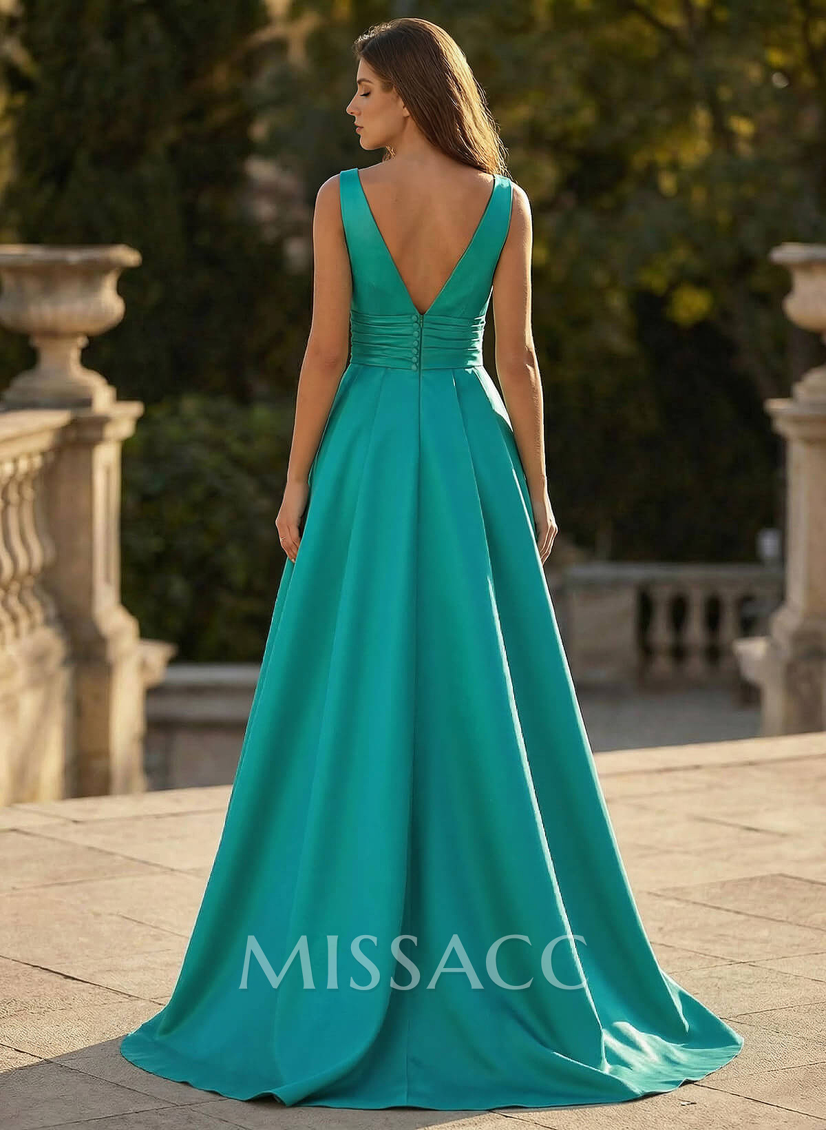 V-Neck Sleeveless Sweep Train Satin Prom Dresses V-Neck Sleeveless Sweep Train Satin Prom Dresses