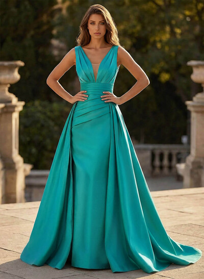 V-Neck Sleeveless Sweep Train Satin Prom Dresses
