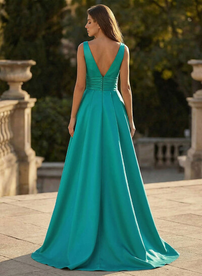 V-Neck Sleeveless Sweep Train Satin Prom Dresses