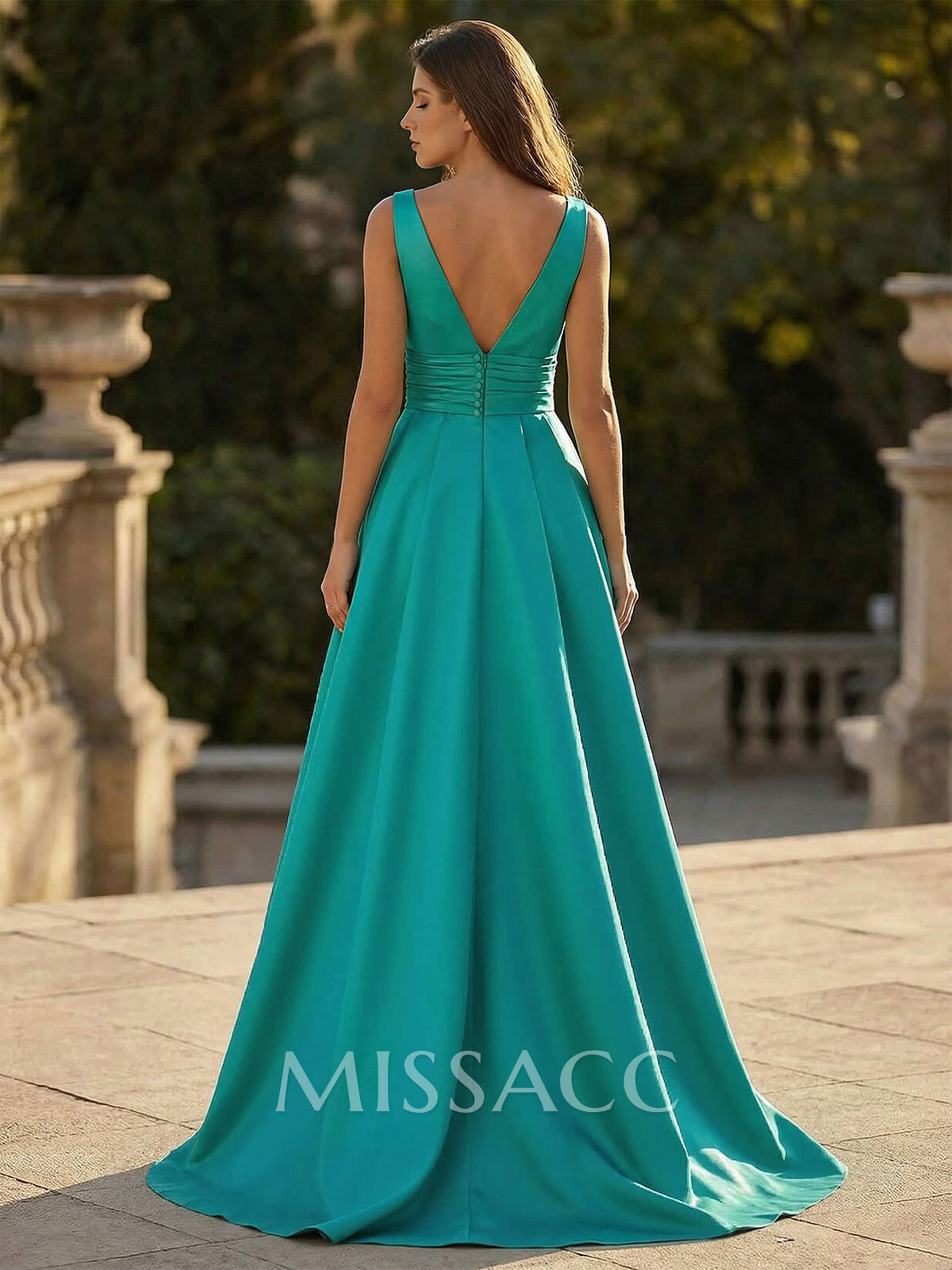 V-Neck Sleeveless Sweep Train Satin Prom Dresses V-Neck Sleeveless Sweep Train Satin Prom Dresses